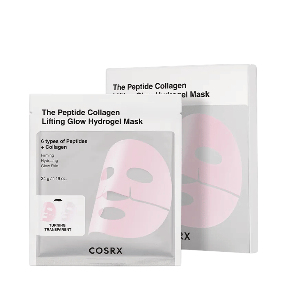 Produktbilde av COSRX Peptide Collagen Lifting Glow Hydrogel Mask – oppstrammende og fuktighetsgivende ansiktsmaske med peptider og kollagen.