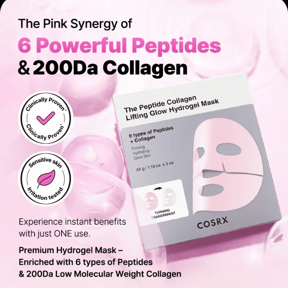 COSRX Peptide Collagen Mask – beriket med 6 typer peptider og kollagen, klinisk testet for sensitiv hud.