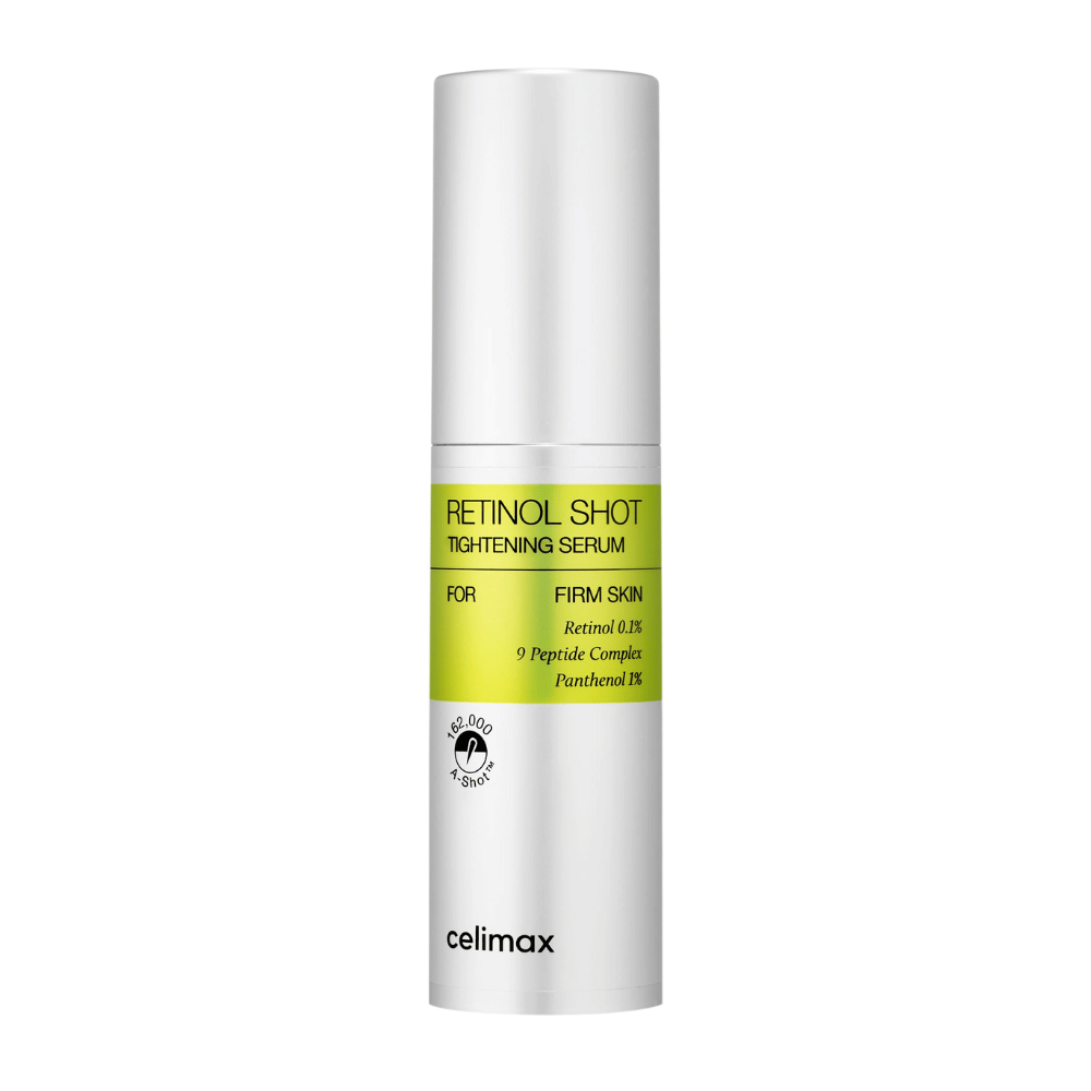 Celimax The Vita-A Retinol Shot Tightening Serum i sølvfarget pumpeflaske med limegrønn etikett og svart tekst.