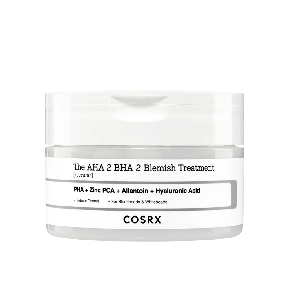 COSRX AHA 2 BHA 2 Blemish Treatment, et serum med PHA, sink PCA, allantoin og hyaluronsyre. Designet for å kontrollere talgproduksjon og motvirke hudormer og hvite hudormer. Perfekt for å forbedre hudens klarhet.