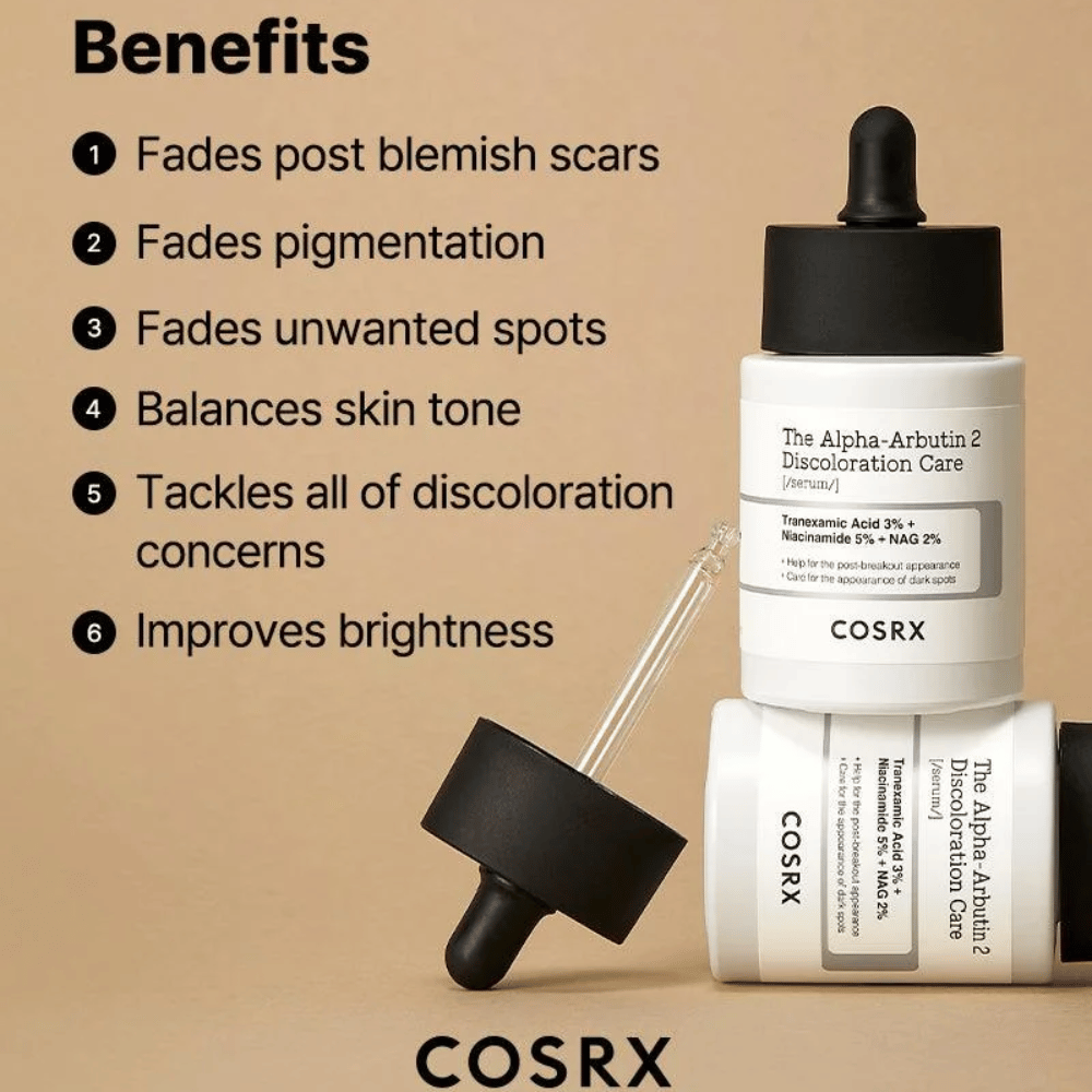 COSRX The Alpha-Arbutin 2 Discoloration Care Serum hjelper til med å redusere arr etter kviser, bleke pigmentflekker, jevne ut hudtonen og forbedre hudens glød. Inneholder traneksamsyre, niacinamid og NAG for en klarere hud.