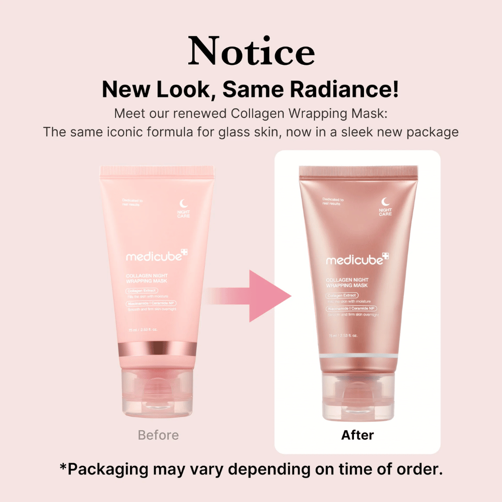 Nytt utseende, samme strålende resultat! Medicube Collagen Wrapping Mask har nå en fornyet, stilren emballasje men beholder sin ikoniske formel for glassklar hud. *Emballasjen kan variere avhengig av bestillingstidspunkt.