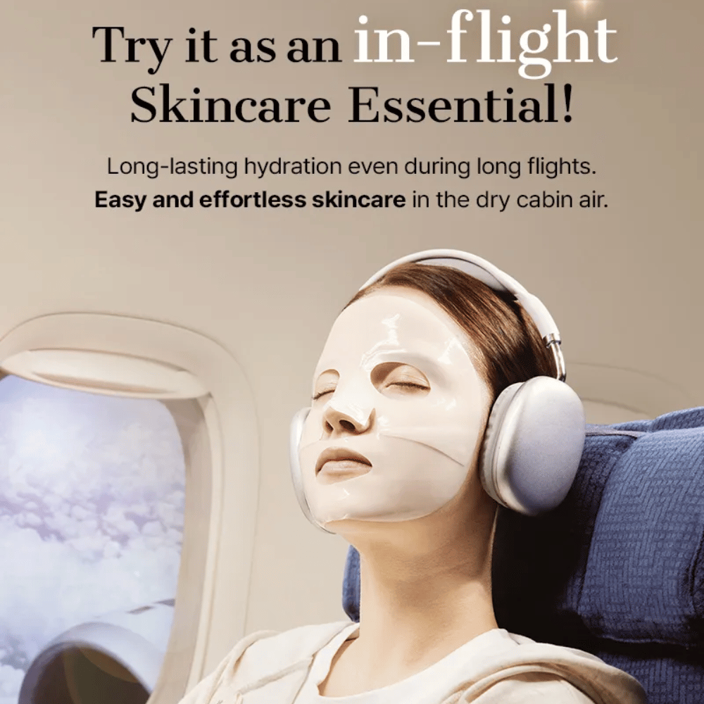 COSRX Alpha-Arbutin Discoloration Care Hydrogel Mask under flyreise – fuktighetsgivende Sheet mask som motvirker tørr hud og gir jevnere hudtone selv i tørr kabinluft.
