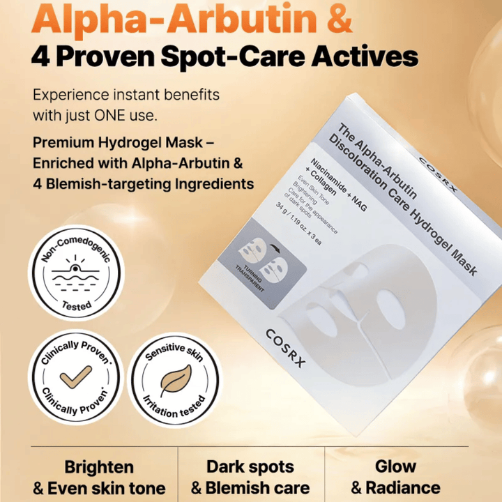 COSRX Alpha-Arbutin Discoloration Care Hydrogel Mask produktbilde – koreansk Sheet mask for pigmentering, glød og intensiv fuktighet.