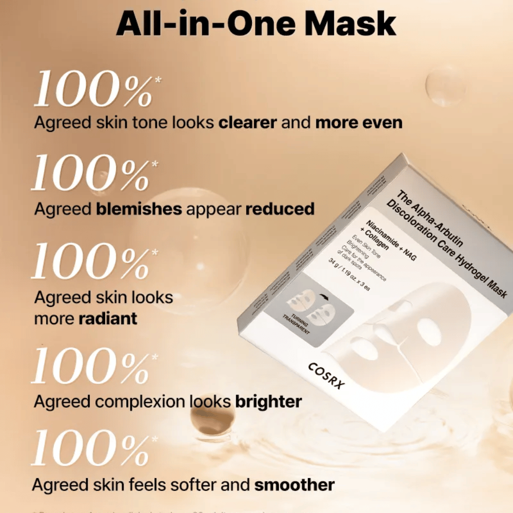 COSRX Alpha-Arbutin Discoloration Care Hydrogel Mask med emballasje – alt-i-ett Sheet mask for glød, jevn hudtone og redusert misfarging.