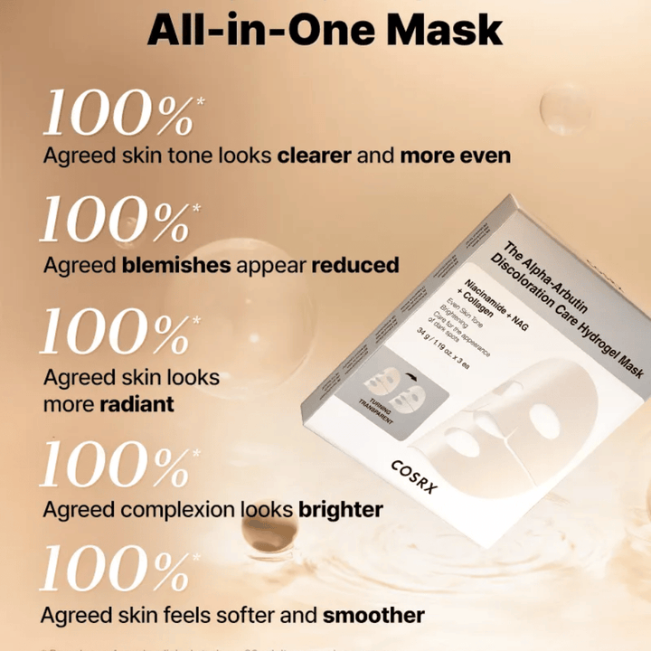 COSRX Alpha-Arbutin Discoloration Care Hydrogel Mask med emballasje – alt-i-ett Sheet mask for glød, jevn hudtone og redusert misfarging.