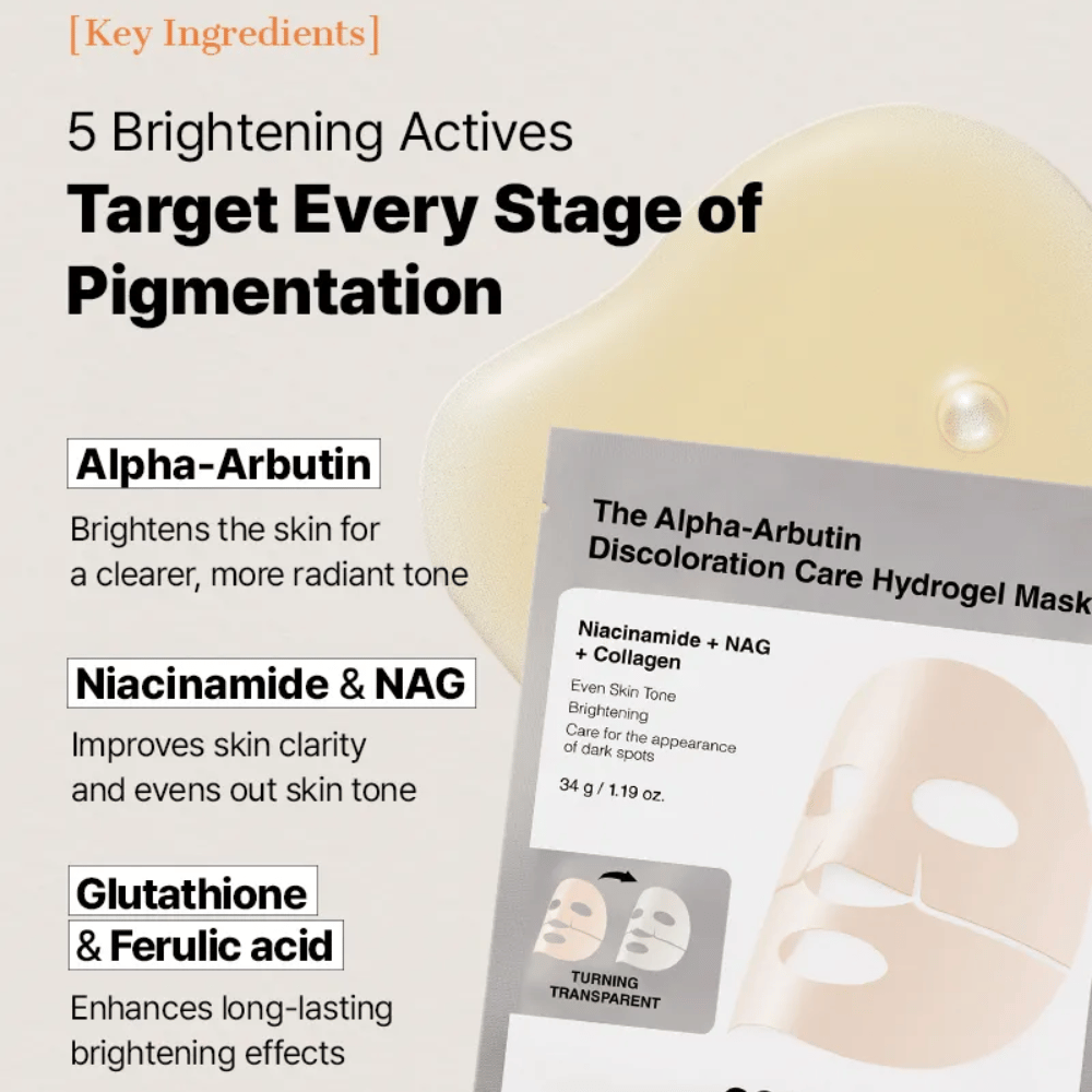 COSRX Alpha-Arbutin Discoloration Care Hydrogel Mask med alpha-arbutin og niacinamide – Sheet mask som hjelper til med å redusere pigmentflekker og jevne ut hudtonen.