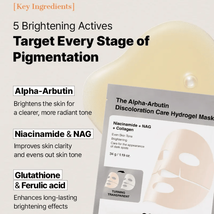 COSRX Alpha-Arbutin Discoloration Care Hydrogel Mask med alpha-arbutin og niacinamide – Sheet mask som hjelper til med å redusere pigmentflekker og jevne ut hudtonen.