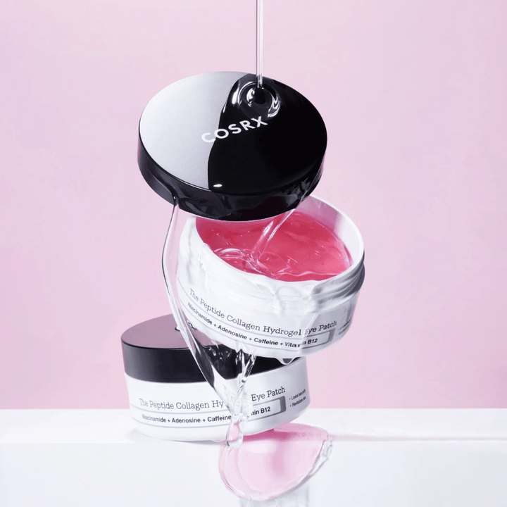 COSRX Peptide Collagen Hydrogel Eye Patch – rosa geleformel rik på niacinamid, adenosin, koffein og vitamin B12.