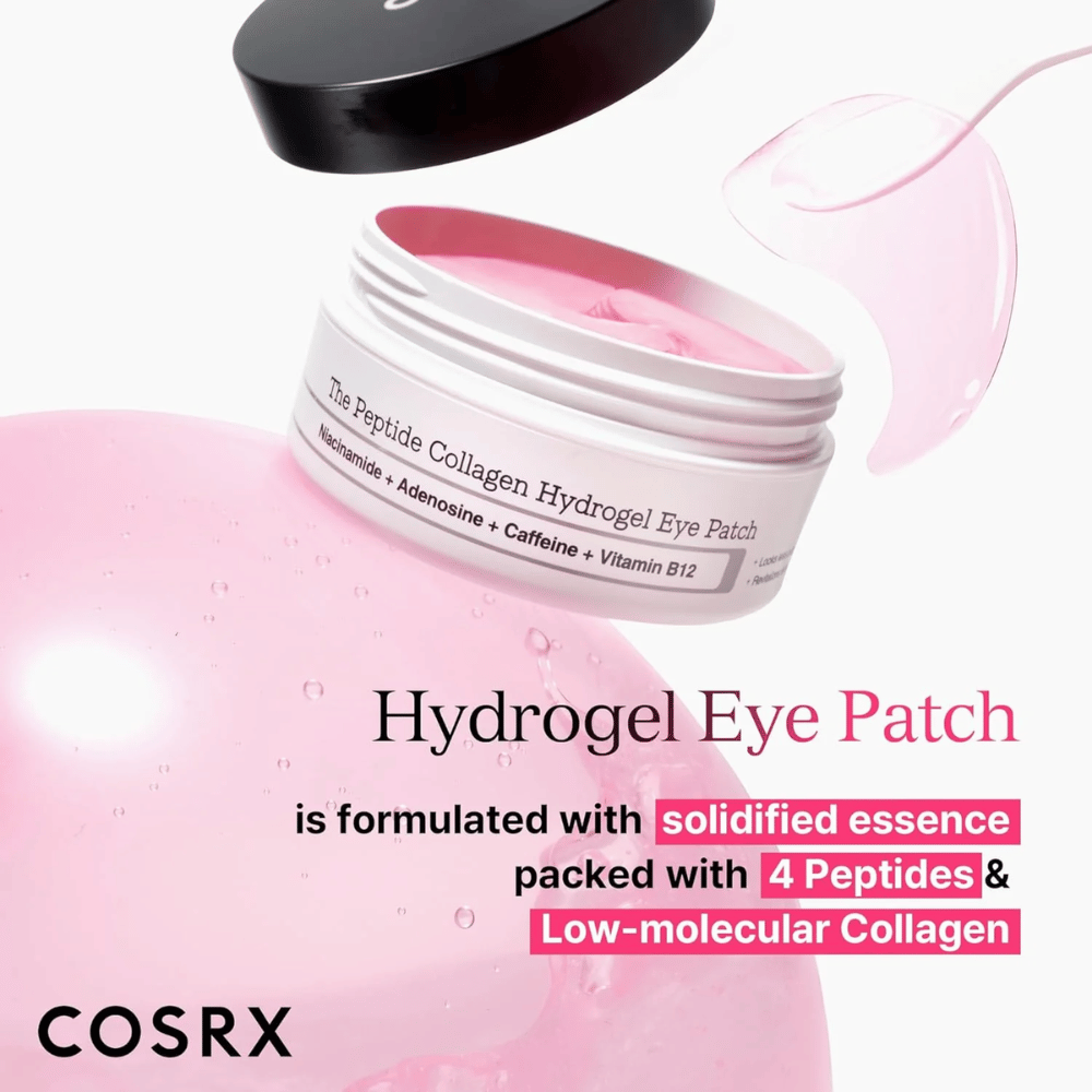 COSRX Hydrogel Eye Patch med 4 peptider og lavmolekylært kollagen for fuktet og fast hud rundt øynene.