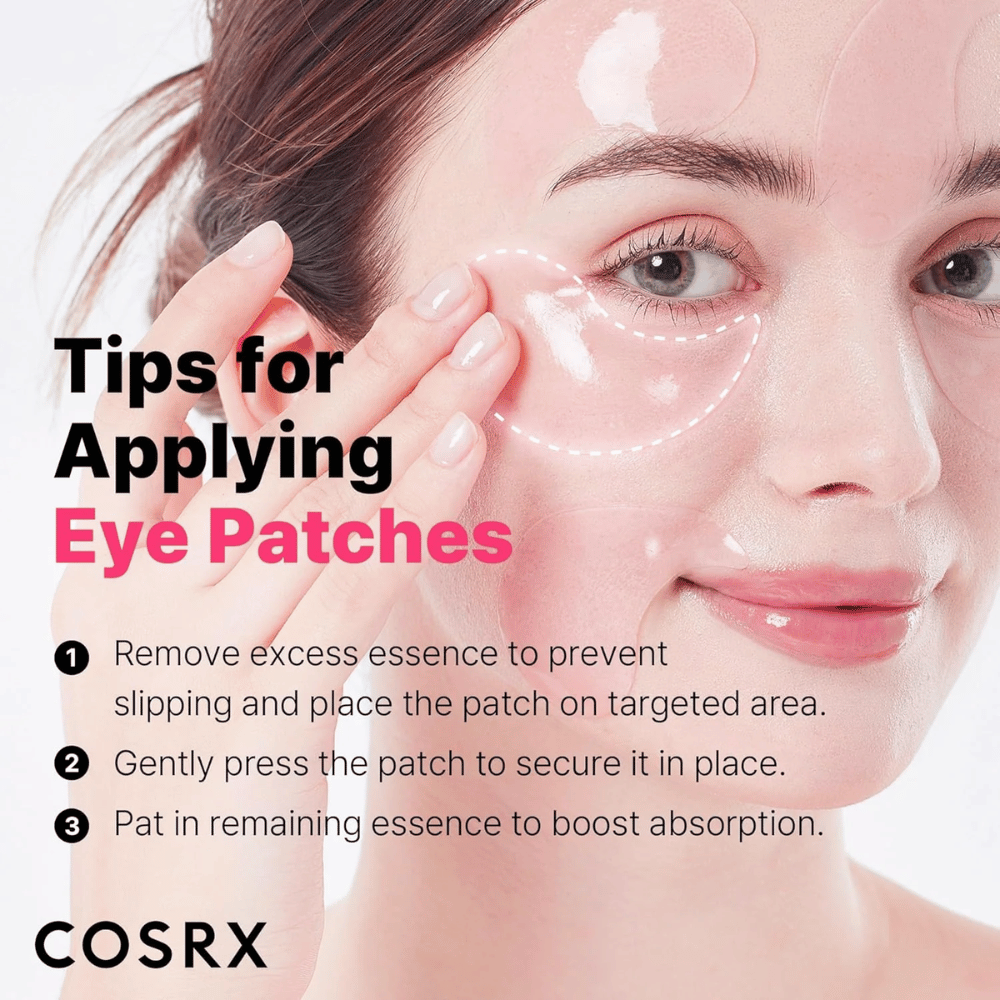 Tips for påføring av COSRX Peptide Collagen Eye Patch – trykk fast, fjern overflødig essens og klapp inn restene.