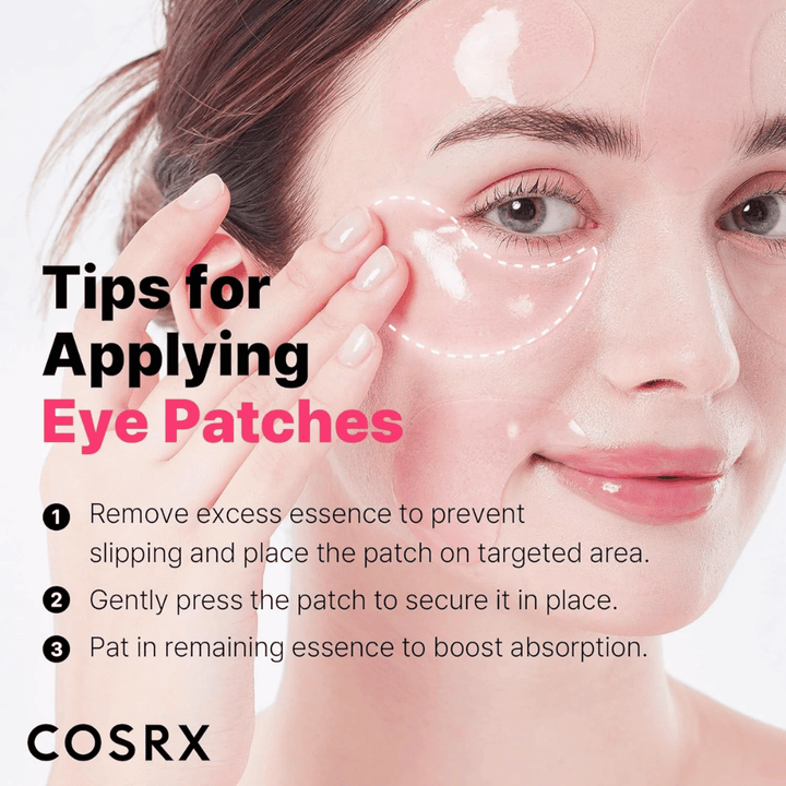 Tips for påføring av COSRX Peptide Collagen Eye Patch – trykk fast, fjern overflødig essens og klapp inn restene.