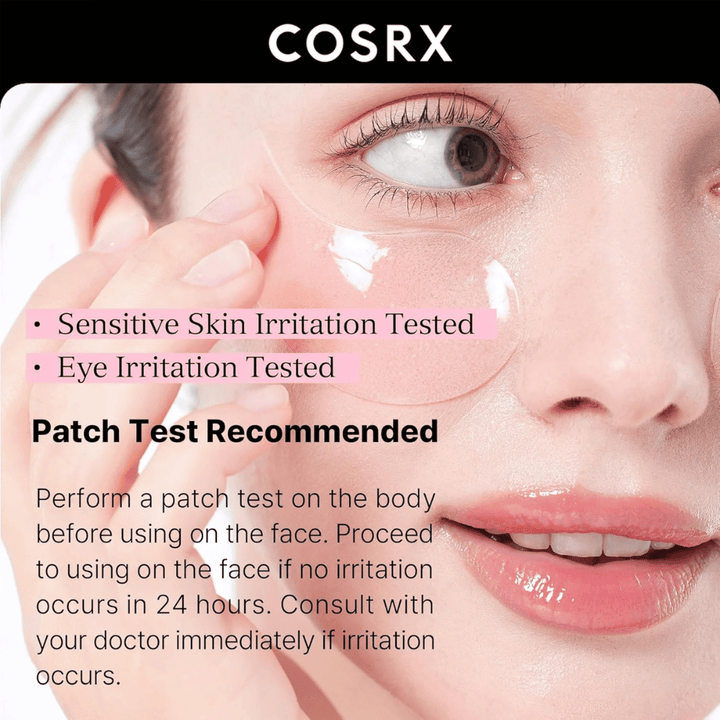 COSRX Peptide Collagen Hydrogel Eye Patch – testet for sensitiv hud og øyeirritasjon, trygg for daglig bruk.