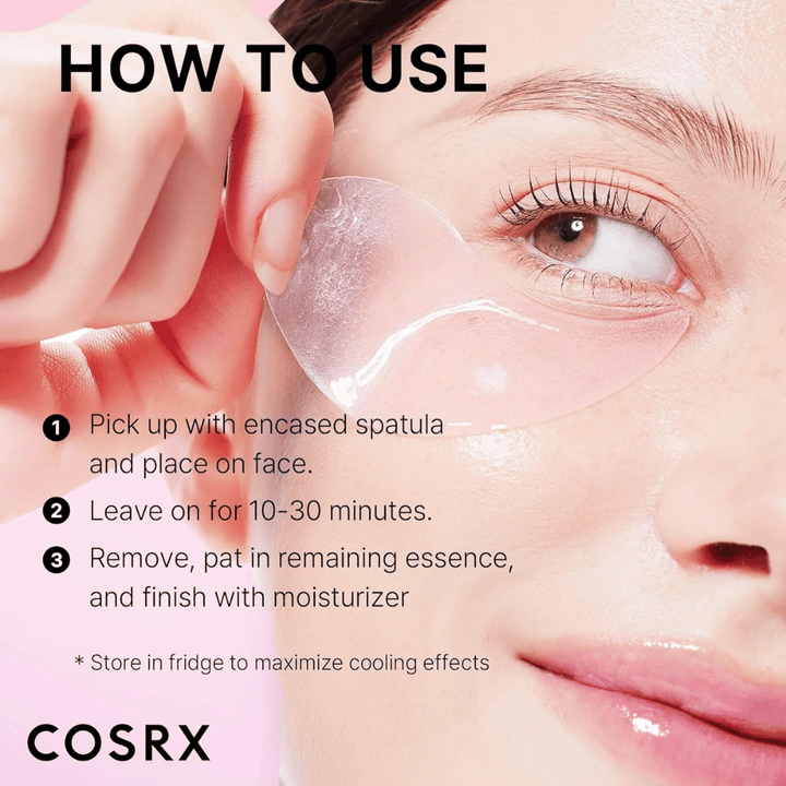 COSRX Peptide Collagen Hydrogel Eye Patch – påfør med spatel, la virke 10–30 minutter og avslutt med fuktighetskrem.