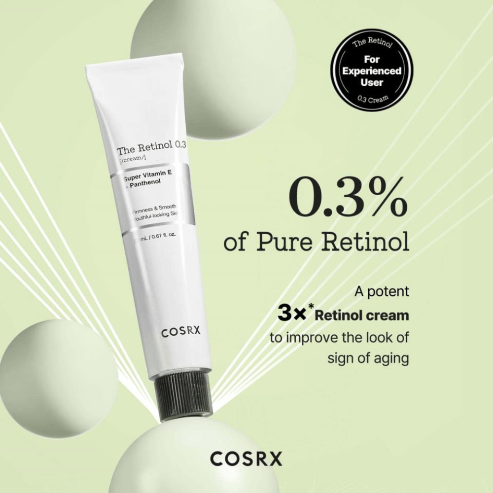 COSRX The Retinol 0.3 Cream inneholder 0,3% ren retinol for å effektivt forbedre hudens fasthet og glatte ut fine linjer. Beriket med super vitamin E og panthenol, gir den fukt og næring til huden. Ideell for erfarne brukere, er dette en kraftig krem som bekjemper aldringstegn og gir en ungdommelig glød.
