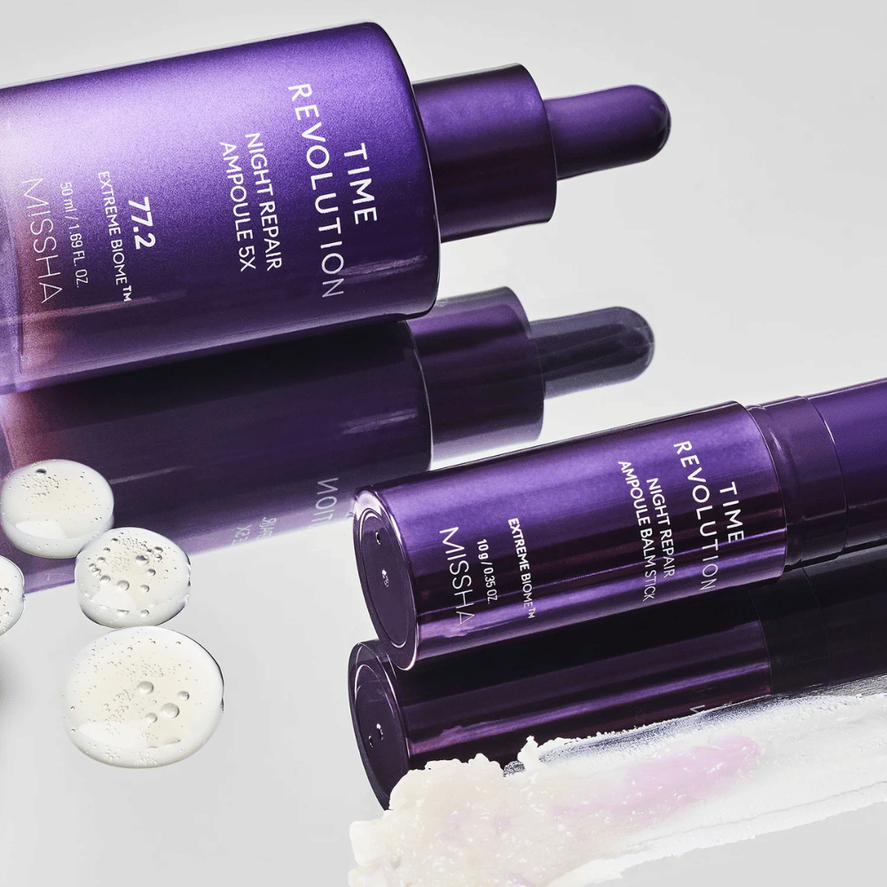 1. MISSHA Time Revolution Night Repair Ampoule 5X 50 ml – nattampulle med 77,2 % Extreme Biome Complex i lilla pipetteflaske
