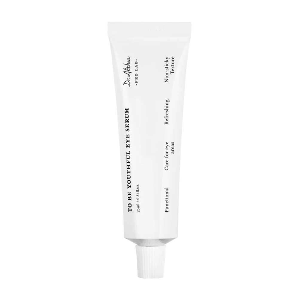 Bilde av Dr. Altheas "To Be Youthful Eye Serum" i en hvit tube. Produktet er ment for å pleie øyeområdet med en ikke-klebrig og oppfriskende konsistens. Den inneholder ingredienser som reduserer og forhindrer rynker samt fine linjer rundt øynene.