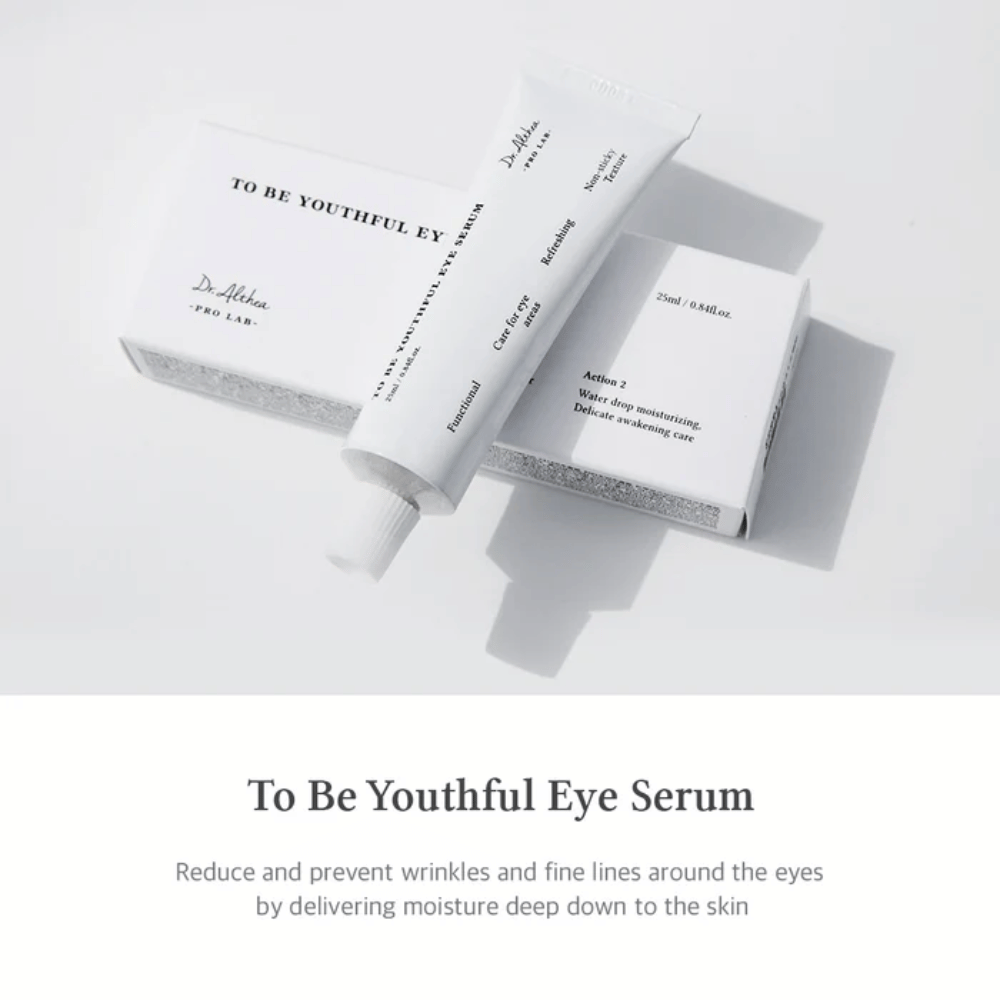 Bilde av Dr. Altheas "To Be Youthful Eye Serum" med en hvit tube og emballasje. Produktet skal redusere og forhindre rynker og fine linjer rundt øynene ved å levere fuktighet dypt ned i huden. Teksten beskriver produktets egenskaper og fordeler, inkludert fuktighetsgivende og oppfriskende egenskaper.