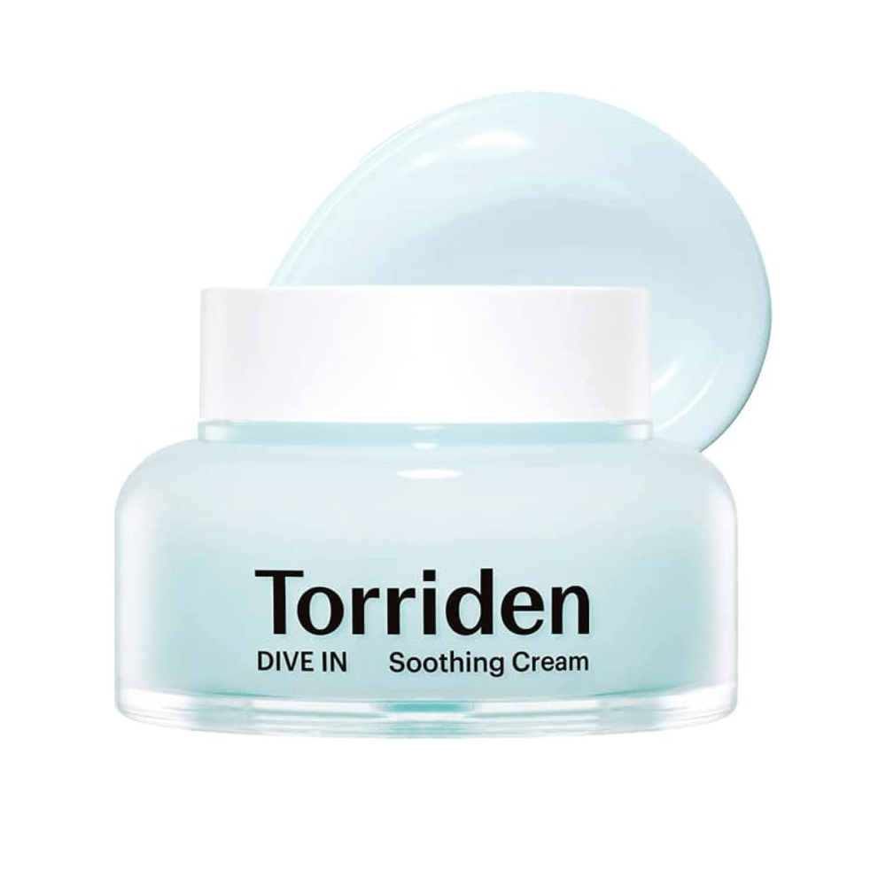 DIVE-IN Low Molecular Hyaluronic Acid Soothing Cream 100ml, fra Torriden, gir langvarig fuktighet til huden, forhindrer tørrhet og bevarer dens naturlige fuktbalanse.