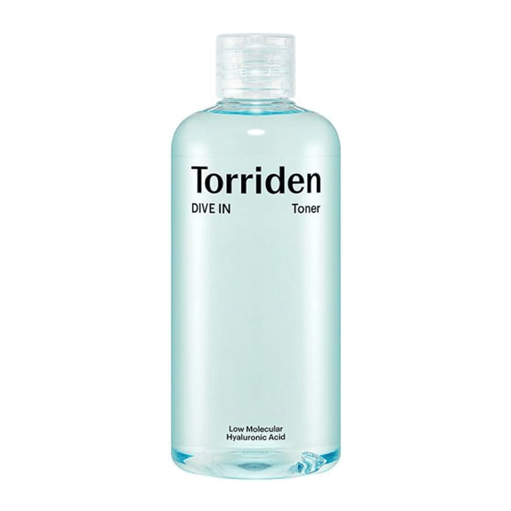 En flaske Torriden DIVE-IN Low Molecule Hyaluronic Acid Toner 300ml, utstilt mot en urørt hvit bakgrunn.
