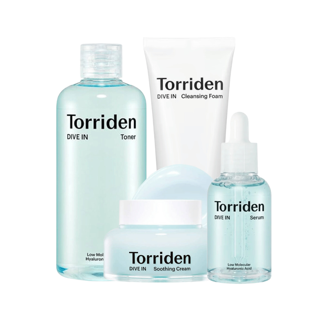 En samling av Torriden skjønnhetsprodukter i turkis farge, inkludert toner, renseskum, beroligende krem og serum med hyaluronsyre.