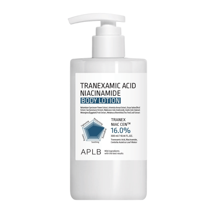 Rent produktbilde av APLB Tranexamic Acid Niacinamide Body Lotion i minimalistisk hvit pumpeflaske med fokus på fuktighetsgivende og beroligende kroppspleie for tørr og sensitiv hud.