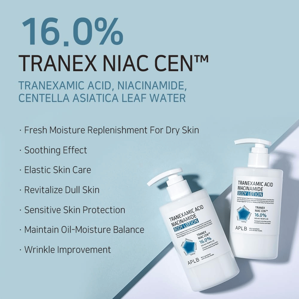 Fordelsbilde som presenterer produktets 16 % Tranex Niac Cen™-kompleks og dets egenskaper som fuktighet, beroligende effekt, forbedret hudelasticitet, glow og balansert olje- og fuktnivå.