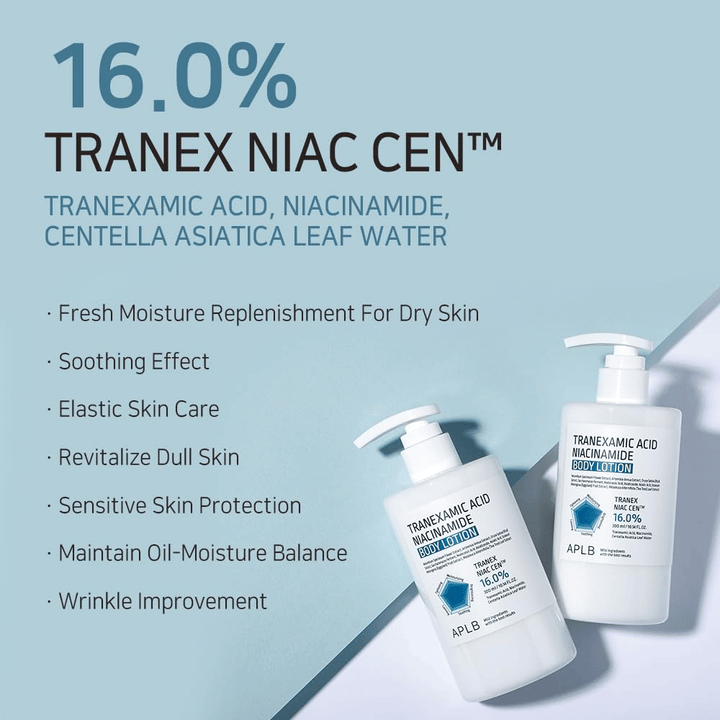 Fordelsbilde som presenterer produktets 16 % Tranex Niac Cen™-kompleks og dets egenskaper som fuktighet, beroligende effekt, forbedret hudelasticitet, glow og balansert olje- og fuktnivå.