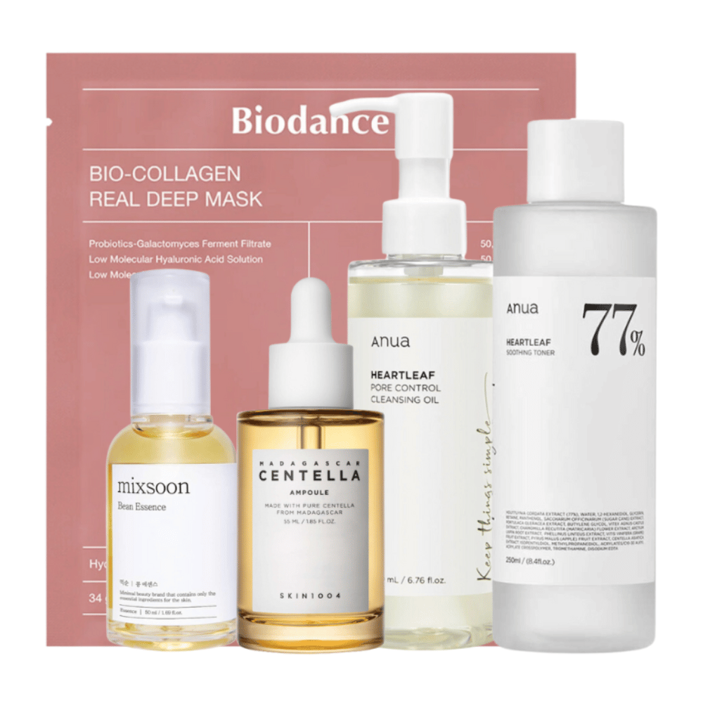 Settet "Trending K-Beauty Must-Haves" inneholder Anua Heartleaf Pore Control Cleansing Oil, Heartleaf 77% Soothing Toner, Skin1004 Madagascar Centella Ampoule, og Mixsoon Bean Essence sammen med en Bio-Collagen Real Deep Mask fra Biodance. Disse produktene er nøye utvalgt for å gi dyp rensing, intensiv fuktighet og beroligende effekter for huden, som gjør dem til essensielle produkter for en omfattende hudpleierutine.