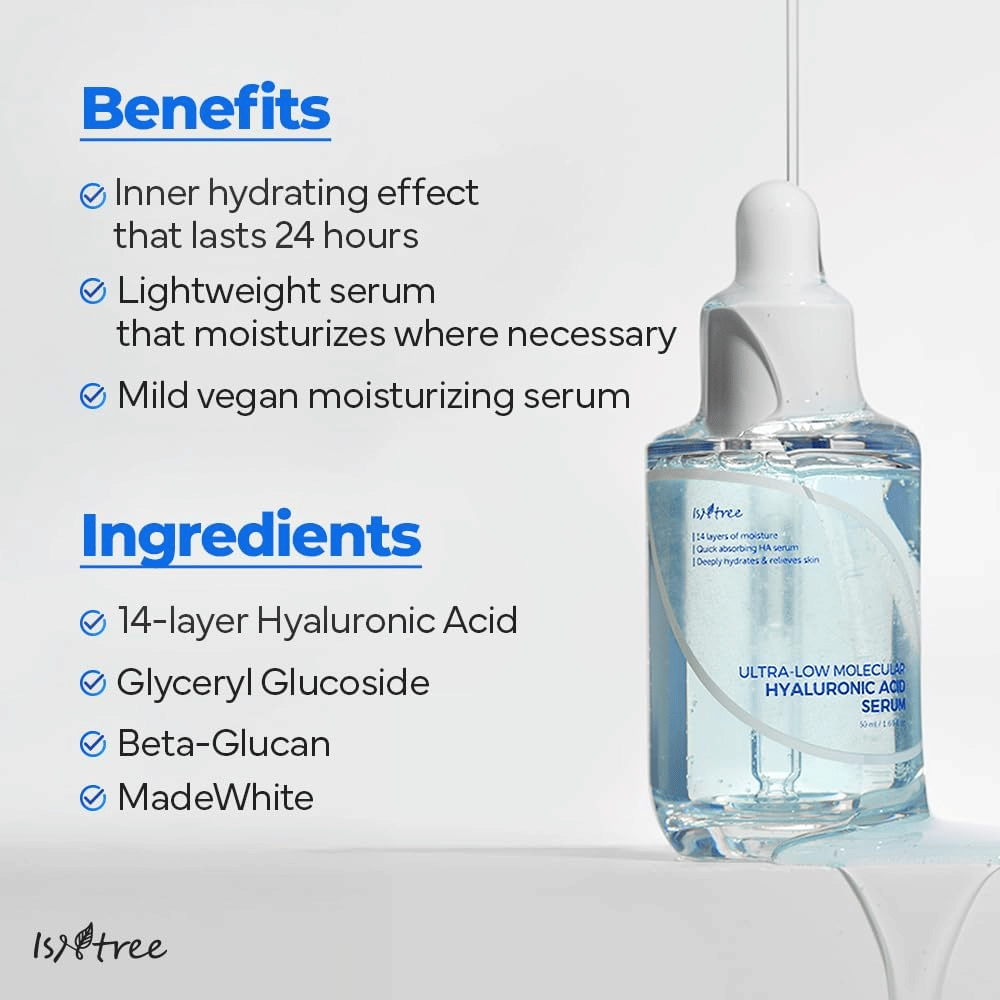Isntree Ultra-Low Molecular Hyaluronic Acid Serum med lett, vegansk formel som fukter i opptil 24 timer og passer tørr, sensitiv og fuktfattig hud.