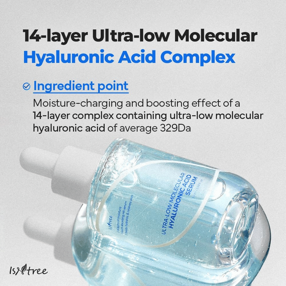 Isntree Ultra-Low Molecular Hyaluronic Acid Serum med ultra-lav molekylær hyaluronsyre, fuktboostende ansiktsserum som gir intensiv fuktighet på dypet.