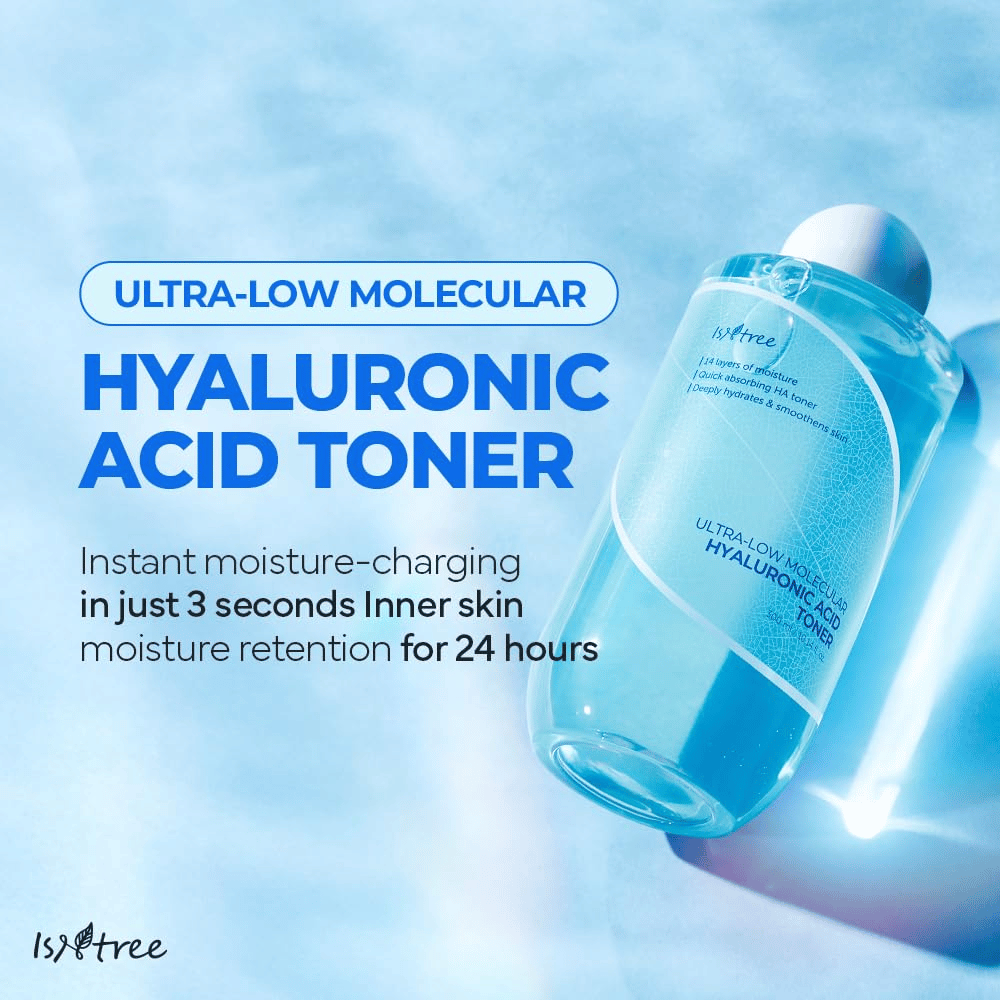 Produktbilde av Isntree Ultra-Low Molecular Hyaluronic Acid Toner med blå bakgrunn. Teksten fremhever rask fuktighet på 3 sekunder og fuktbevarende effekt i 24 timer. Flasken vises i forstørret vinkel med tydelig etikett.