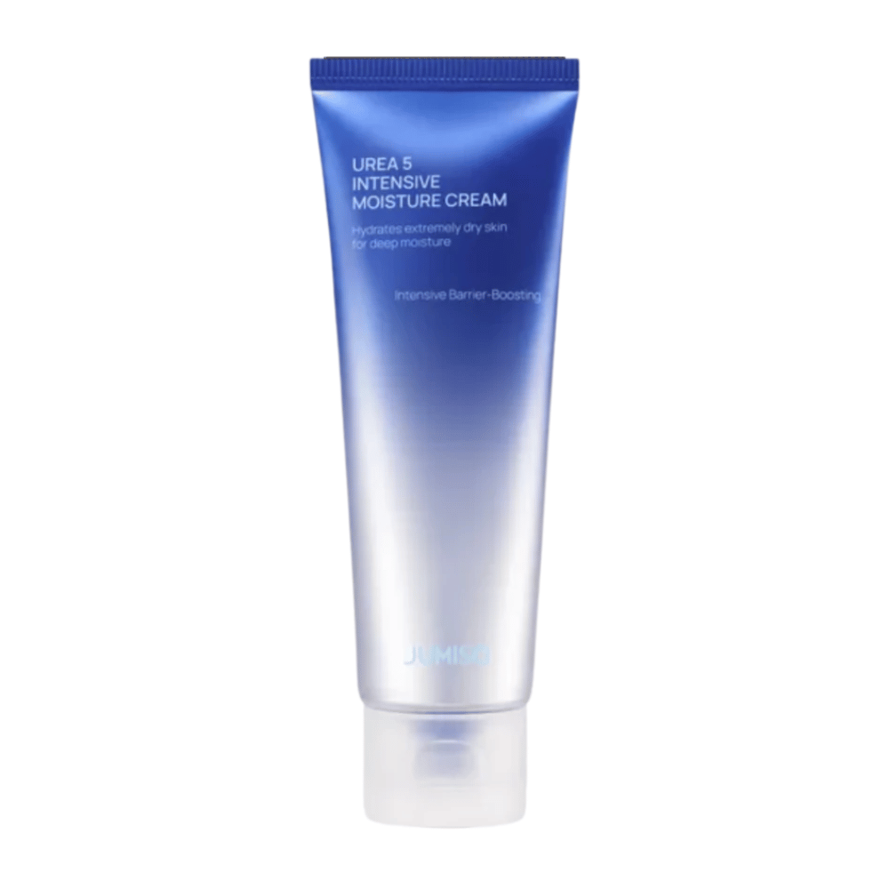 Frilagt produktbilde av Jumiso Urea 5 Intensive Moisture Cream mot hvit bakgrunn. Den blå tuben med minimalistisk design fremhever produktens fokus på intensiv fuktighet og hudbarriereforsterkende pleie for svært tørr hud.