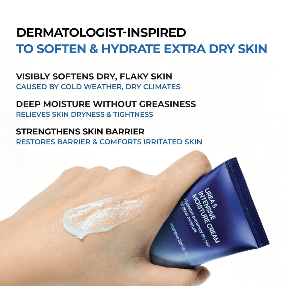 Informasjonsbilde som fremhever de viktigste fordelene med Jumiso Urea 5 Intensive Moisture Cream. Kremen beskrives som dermatologisk inspirert for svært tørr hud og bidrar til å mykgjøre flassende hud, gi dyp fuktighet uten å føles fet samt styrke hudbarrieren. En hånd viser produktets kremete tekstur på huden.