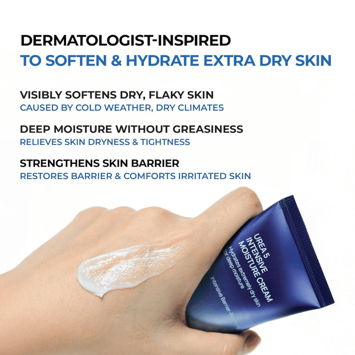 Informasjonsbilde som fremhever de viktigste fordelene med Jumiso Urea 5 Intensive Moisture Cream. Kremen beskrives som dermatologisk inspirert for svært tørr hud og bidrar til å mykgjøre flassende hud, gi dyp fuktighet uten å føles fet samt styrke hudbarrieren. En hånd viser produktets kremete tekstur på huden.