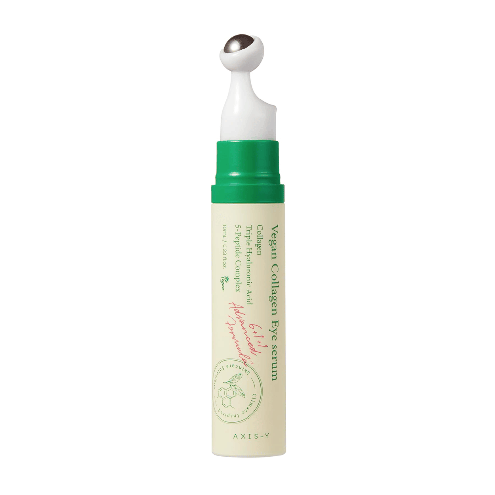 AXIS-Y Vegan Collagen Eye Serum 10ml med en grønn applikator, designet for å redusere rynker og fukte det sensitive området rundt øynene. Produktet inneholder vegansk kollagen, hyaluronsyre og et 5-peptidkompleks for å gi intens pleie og næring.