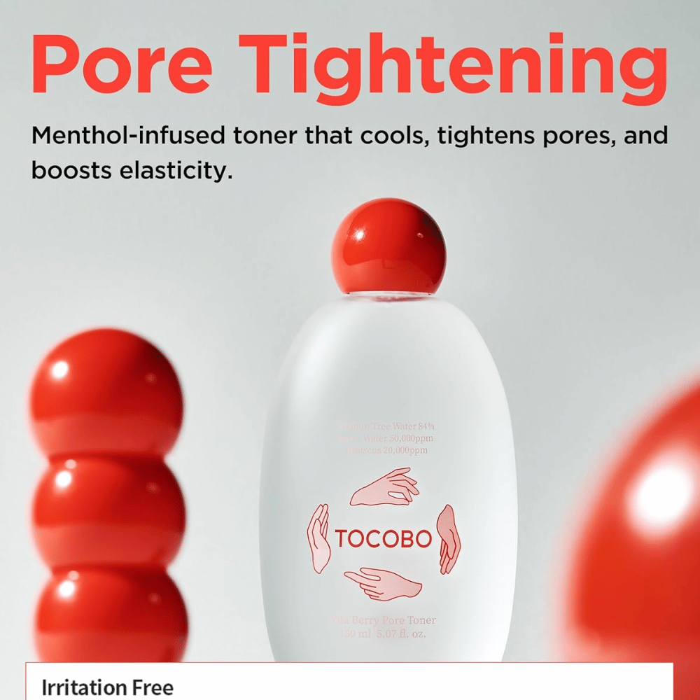 Kampanjebilde for TOCOBO Vita Berry Pore Toner som beskriver tonerens kjølende effekt, poresammentrekkende egenskaper og forbedret hudelasticitet med mentolinfundert formel.