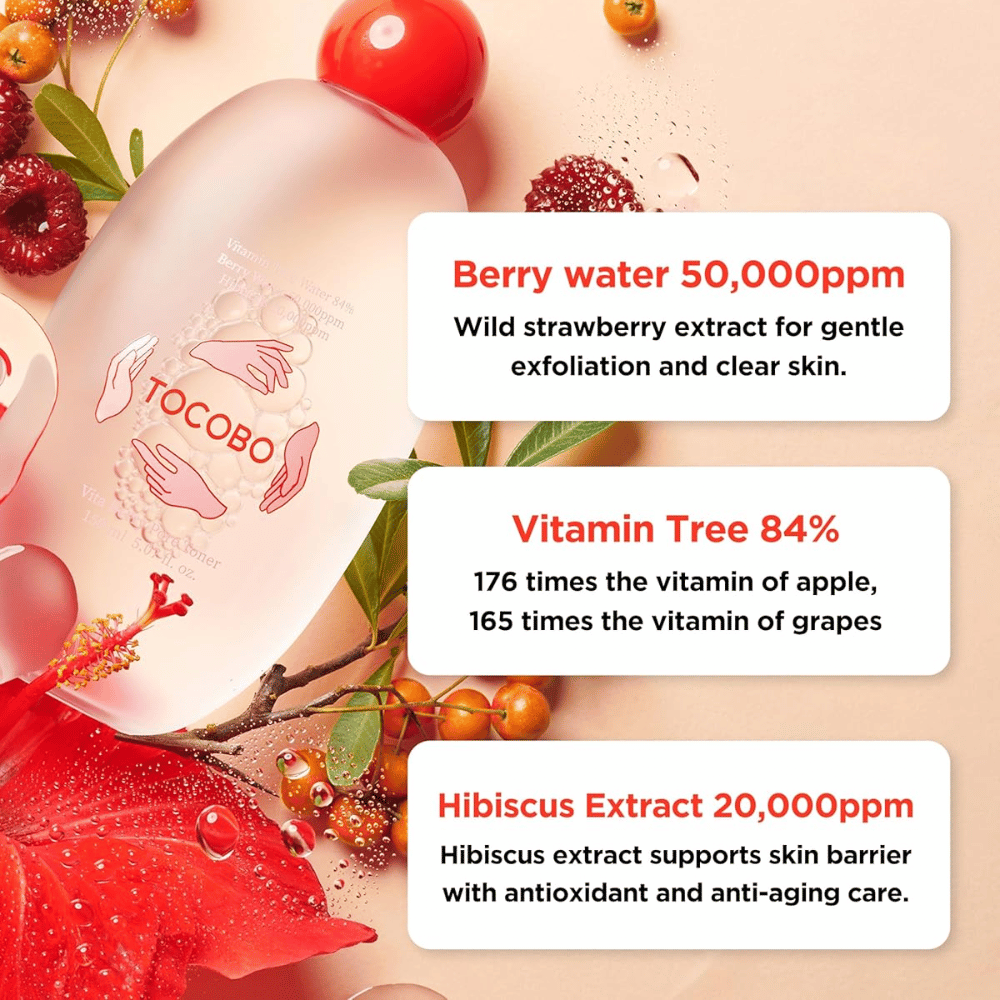 Ingrediensbilde som fremhever nøkkelingrediensene i toneren, inkludert berry water, vitamin tree og hibiskusekstrakt, med fokus på eksfoliering, antioksidantpleie og styrket hudbarriere.