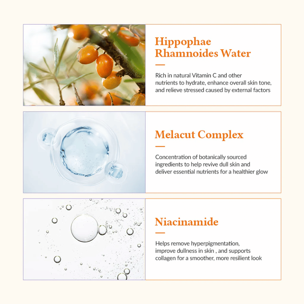 Närbild av nyckelingredienser i Dr. Althea Vita Glow Mask: havtornsvatten, Melacut Complex och niacinamid. Ger lyster, återfuktar och jämnar ut hudtonen.