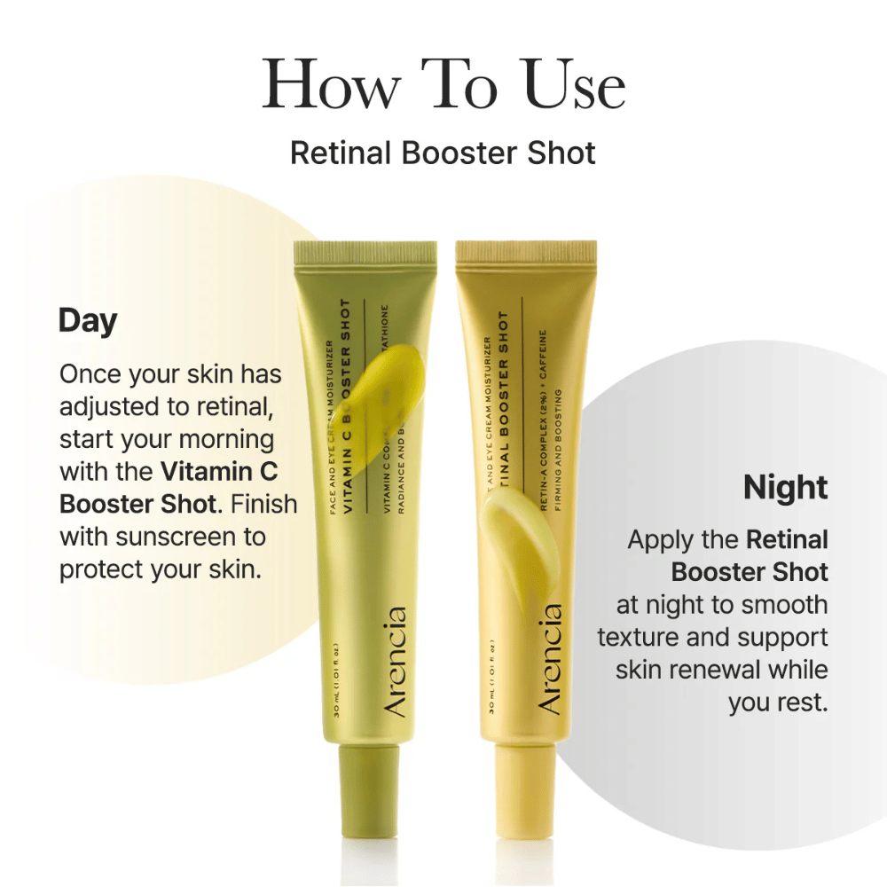 Slik bruker du Arencia Vitamin C Booster Shot – vitamin C-serum i morgenrutinen og retinal booster på kvelden for jevnere hudtone og bedre glød