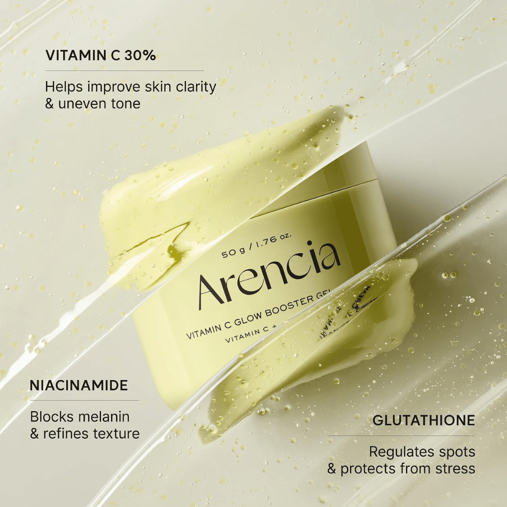 Arencia Vitamin C Glow Booster Gel Cream – med 30 % vitamin C, niacinamid og glutation for jevnere hudtone og glød