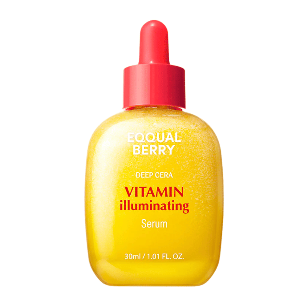 Equal Berry Vitamin Illuminating Serum i en gul skimrende flaske med rød pipette. Gir glød og næring for en strålende hud.