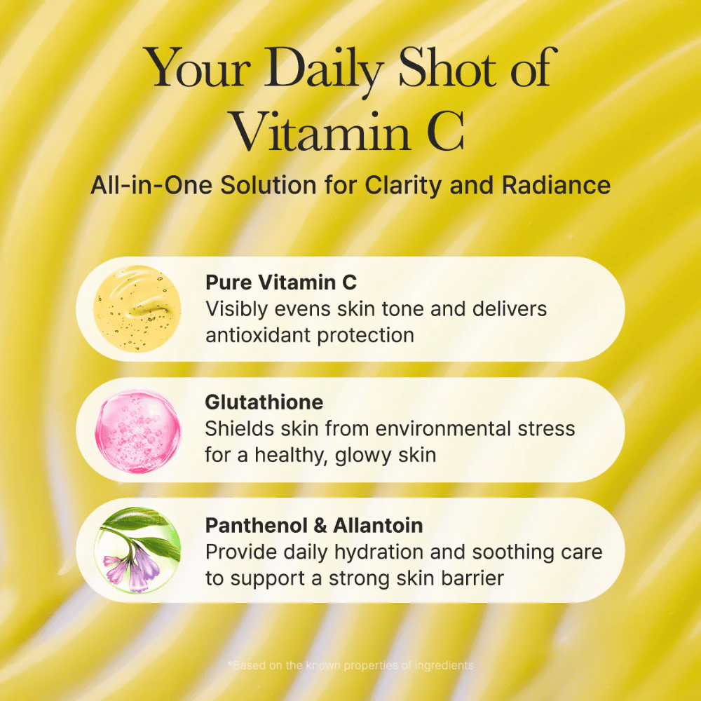 Arencia Vitamin C Booster Shot ingrediensoversikt – vitamin C som jevner ut hudtone, glutathione med antioksidativ effekt samt panthenol og allantoin som fukter og beroliger huden