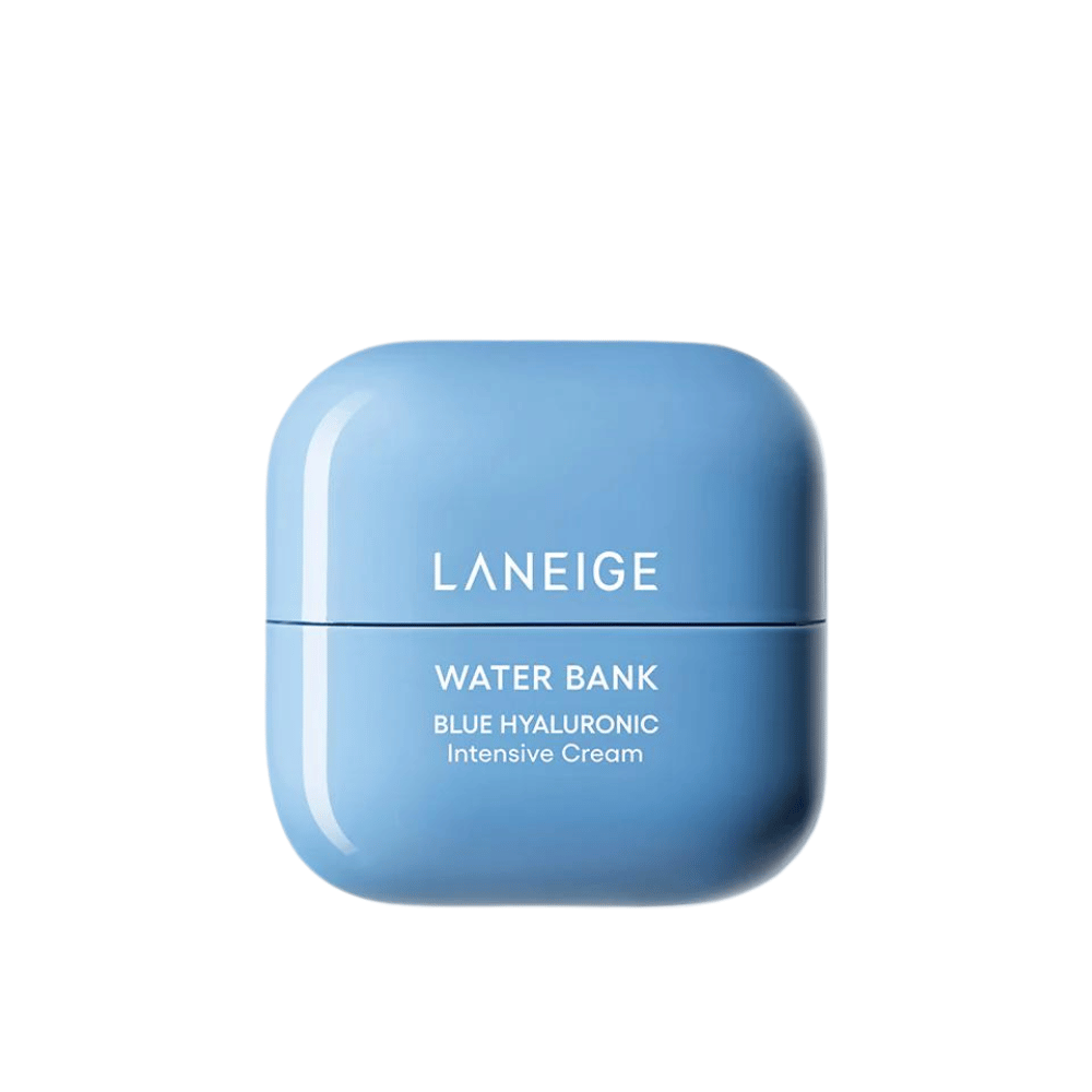 LANEIGE Water Bank Blue Hyaluronic Intensive Cream i blå avrundet boks, frilagt mot hvit bakgrunn.