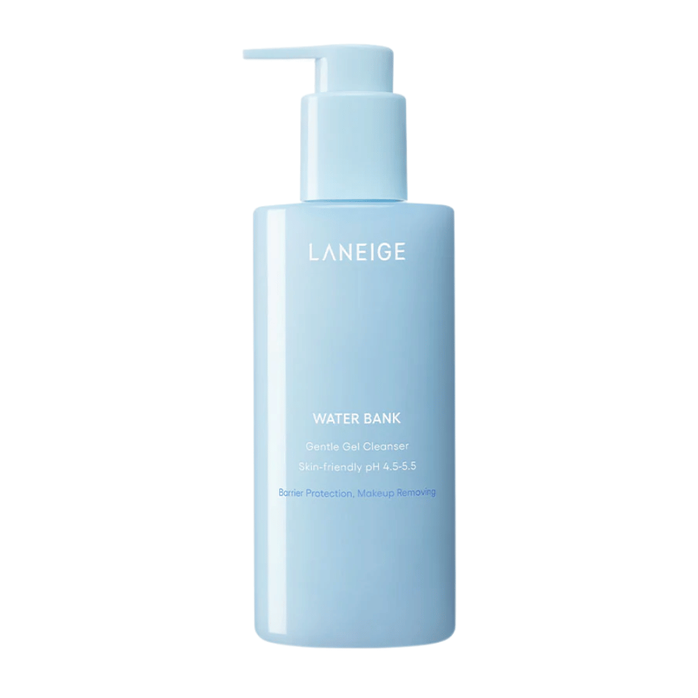 LANEIGE Water Bank Gentle Gel Cleanser i lyseblå pumpeflaske med hvit tekst, frilagt mot hvit bakgrunn.