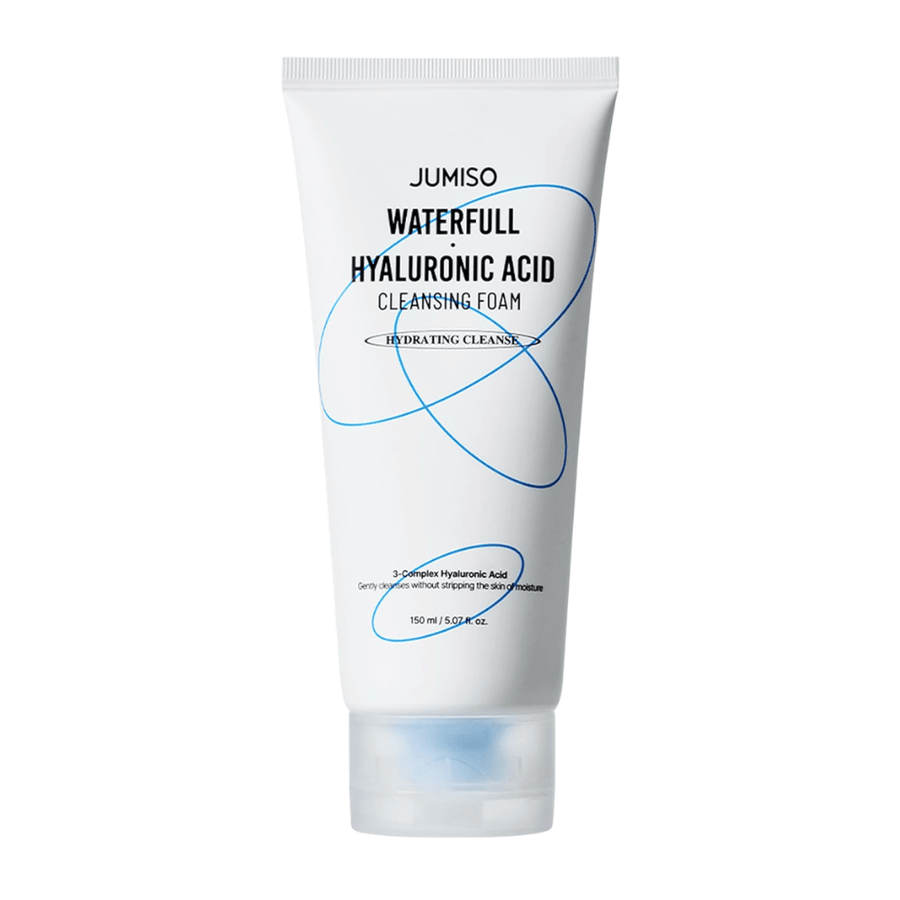 Jumiso Waterfull Hyaluronic Acid Cleansing Foam presentert mot hvit bakgrunn. Fuktighetsgivende ansiktsrens med hyaluronsyre som rengjør huden skånsomt uten å forstyrre hudens naturlige fuktbalanse.