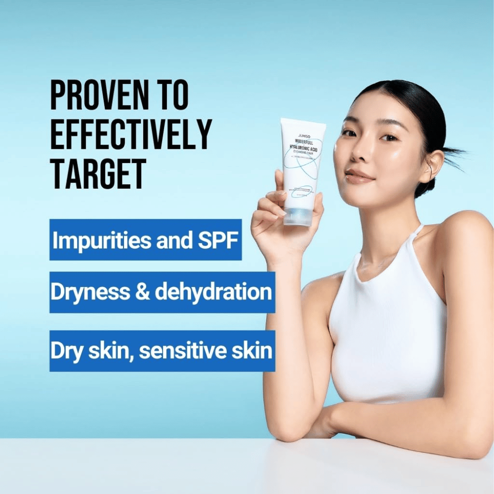 Person med klar og fuktet hud holder opp Jumiso Waterfull Hyaluronic Acid Cleansing Foam. Bildet beskriver produktets evne til å målrette urenheter, SPF-rester, tørrhet og sensitiv hud.