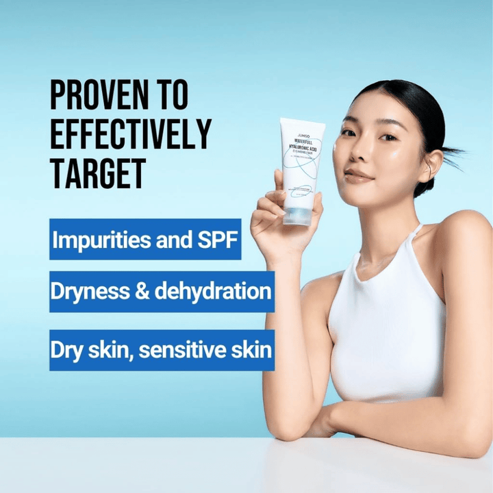 Person med klar og fuktet hud holder opp Jumiso Waterfull Hyaluronic Acid Cleansing Foam. Bildet beskriver produktets evne til å målrette urenheter, SPF-rester, tørrhet og sensitiv hud.