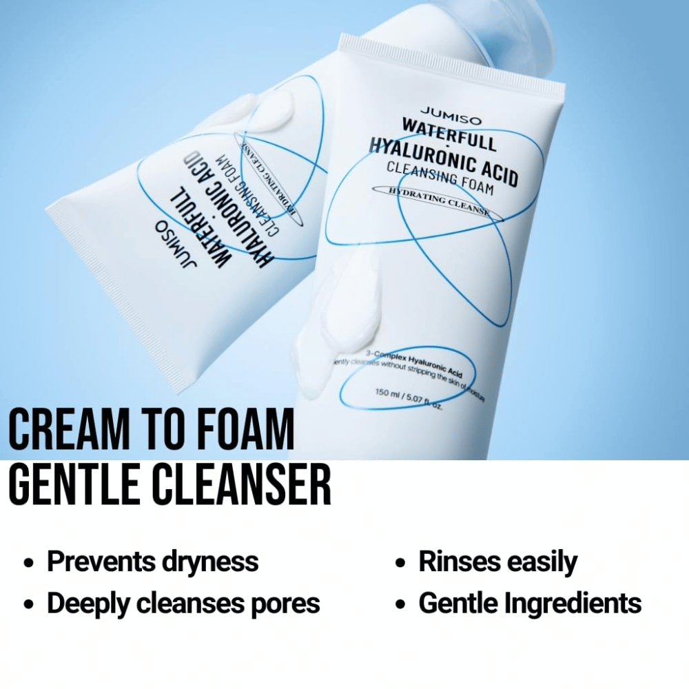 To tuber av Jumiso Waterfull Hyaluronic Acid Cleansing Foam mot lys blå bakgrunn. Bildet fremhever en krem-til-skum-rens som rengjør porene skånsomt, motvirker tørrhet og er lett å skylle av.