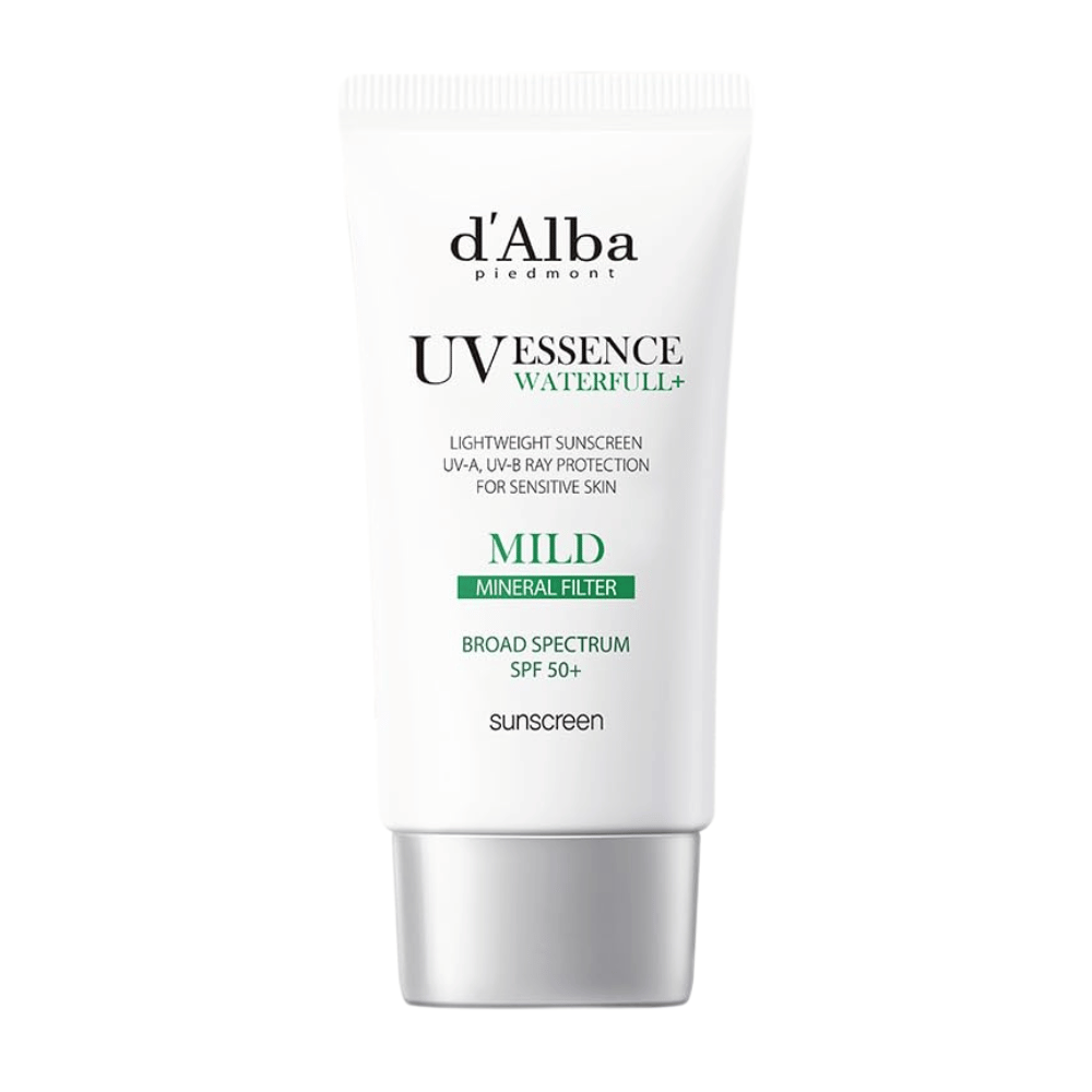 d'Alba Waterfull Mild Sun Cream SPF 50+ – mild solkrem med mineralfilter som beskytter sensitiv hud mot UVA/UVB. Lett, fuktighetsgivende formel i stilren hvit tube.